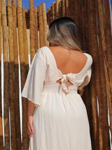 Vestido Feminino Midi Amarração Lança Perfume Manga 3/4 Elegante Fluido Lançamento Verão 2026 - Creme - Visão 4