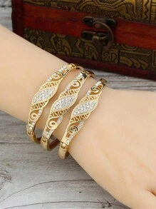 Set de 3 brazaletes dorados para mujer con adornos de estrás, joyería de brazalete de moda para fiesta real