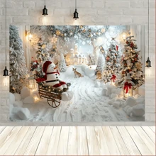 节日冬季仙境摄影背景布 - 雪人和松树设计与雪花 | 适合圣诞节、生日和节日派对，无需电源冬季仙境装饰雪人装饰品，圣诞节 - 彩色 - 查看 3
