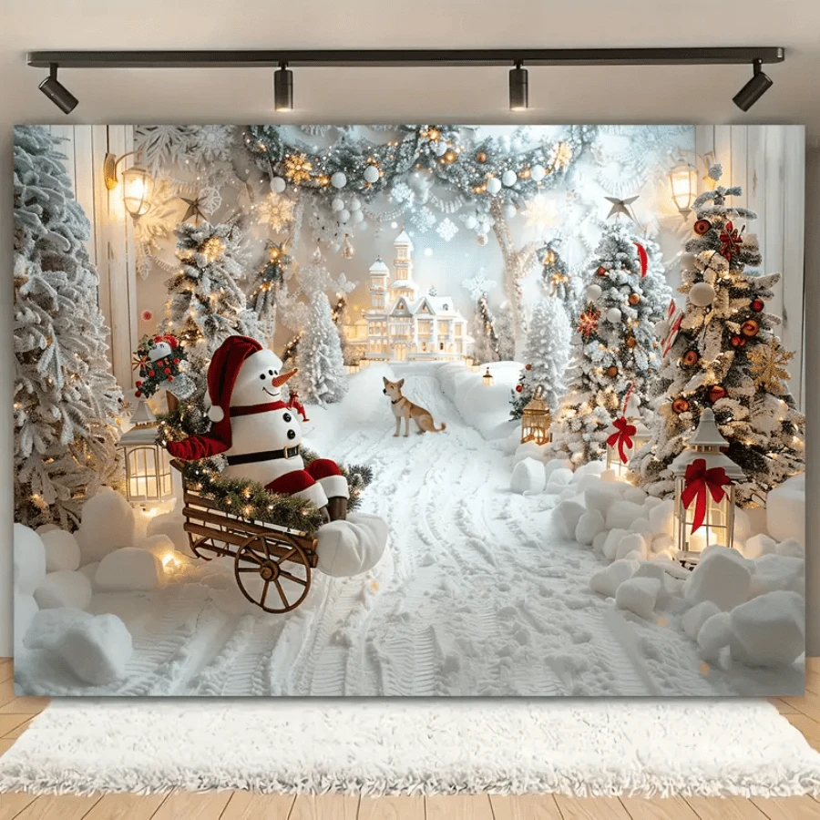 节日冬季仙境摄影背景布 - 雪人和松树设计与雪花 | 适合圣诞节、生日和节日派对，无需电源冬季仙境装饰雪人装饰品，圣诞节 - 彩色 - 查看 1