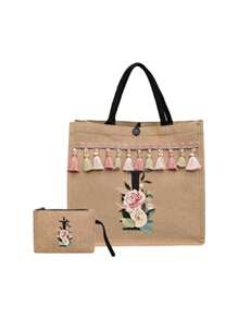 2 件/套简约花朵首字母 A-Z 印花亚麻手提包，粉色流苏，亚麻包，包括一个手提包和一个零钱包，简约旅行包，化妆品钱包，大容量旅行化妆包日常使用、约会、生日、度假、返回学校、度假、海滩、旅行、通勤、商务、学生、野餐、露营、超市、日常收纳，（小包手带方向随机），圣诞节最佳教师礼物 - 卡其色 - 查看 13