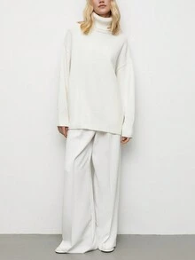 Solid LooseTurtleneck Knitted Top Sweater - White - View 4