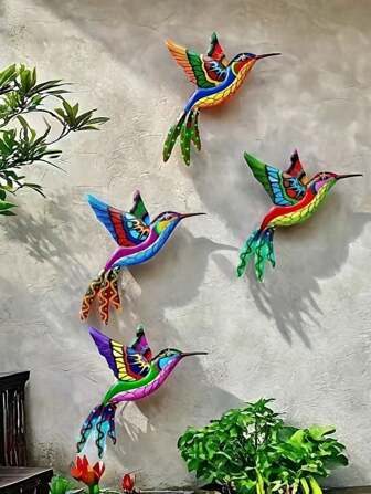 1 件/4 件铁制蜂鸟 3D 装饰物，墙壁艺术装饰，引人注目的彩色金属花园艺术空中花园装饰，适用于户外装饰、庭院装饰、派对装饰、节日装饰、花园装饰、卧室浴室装饰、客厅餐厅装饰、阳台窗台装饰