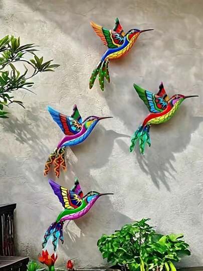 1 pieza/4 piezas Decoración 3D de colibrí de hierro, decoración artística de pared, arte de jardín de metal colorido y llamativo, decoración de jardín aéreo adecuada para decoración exterior, decoración de patio, decoración de fiesta, decoración navideña, decoración de jardín, decoración de dormitorio y baño, decoración de sala de estar y comedor, decoración de balcón y alféizar de ventana