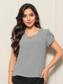 Women's Short Sleeve Blouse With Ribbed And Braided Sleeves - 灰色 - 查看 4