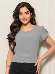 Women's Short Sleeve Blouse With Ribbed And Braided Sleeves - 灰色 - 查看 1