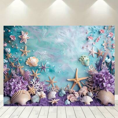 1 件，水下美人鱼摄影背景道具：海洋紫色和蓝色女士生日派对装饰 - 海星、贝壳、海洋主题摄影工作室展位背景、派对装饰用品、家居装饰用品 - 春夏季 - 无需电源、圣诞节
