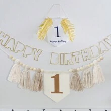 1st Birthday High Chair Banner, Tassel Floral Wreath, Boho Birthday Decorations, Khaki, Blue Gray, Green, Brown "Wild One" Tassel Garland - Khaki - View 6