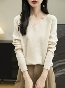 Women's 100% Merino Wool Sweater One-Line Seamless Sweater Women's V-Neck Sweater Fall Winter Long-Sleeved Soft Knitted Pullover - 米色 - 查看 4