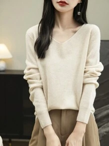 Women's 100% Merino Wool Sweater One-Line Seamless Sweater Women's V-Neck Sweater Fall Winter Long-Sleeved Soft Knitted Pullover - 米色 - 查看 2