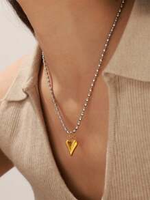 Collar de cadena con corazón y cuentas de acero inoxidable, resistente al agua y a la decoloración, de tono dual sencillo, adecuado para mujeres en San Valentín - En forma de corazón - Ver 1