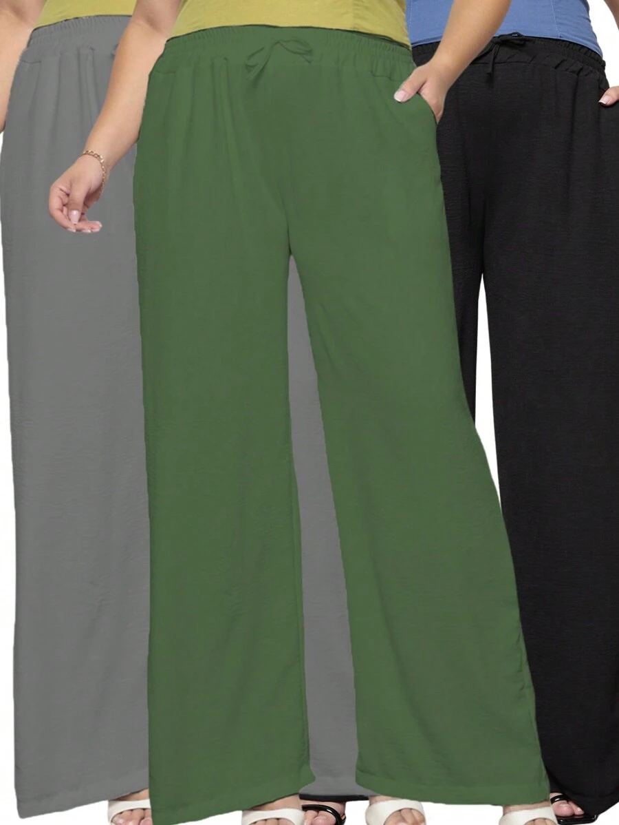 Kit 3 Plus Size Women's Wide Leg Pants From Duna - Đen Xám Xanh Quân Đội - Xem 1