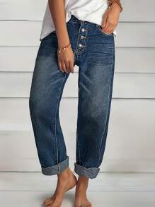 Women's Fall Casual Loose Straight Leg Jeans High Waisted Baggy Buttons Down Boyfreiend Denim Pants With Pockets