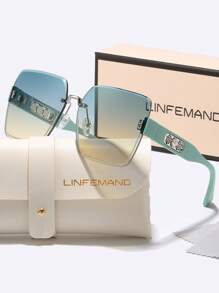 LINFEMAND Gafas decorativas sin marco de moda con degradado LINFEMAND, decoración con flores de perlas artificiales, adecuadas para mujeres, para fiestas de playa de verano, conducir, vacaciones, regalos para vacaciones de playa de verano, al aire libre, de viaje con decoración de perlas artificiales, estilo elegante de montura cuadrada sobredimensionada
