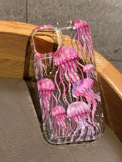 Apple Pink Jellyfish Print Clear Case Compatible With IPhone 11/12/13/14/15/15pro/15 Plus/15 Promax/7plus/8plus/X/Xs Max/Xr/11pro/12pro/13pro/14pro/12mini/13mini/11promax/12promax/13promax/14promax/14plus/6/6s/6plus/7/8/Se& Galaxy/A54/A14/A12/A13/A15/A32/A33/A24/A52S/S20/S21/S22/S23/S24/S23Plus/S24ultra Waterproof Shockproof Anti-Fall Scratch Resistant