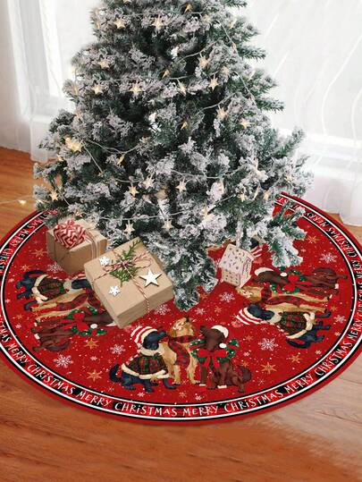 1pc Christmas Theme Tree Skirt, Pet Dog Design, Suitable For Christmas Tree Decoration And Table Mat