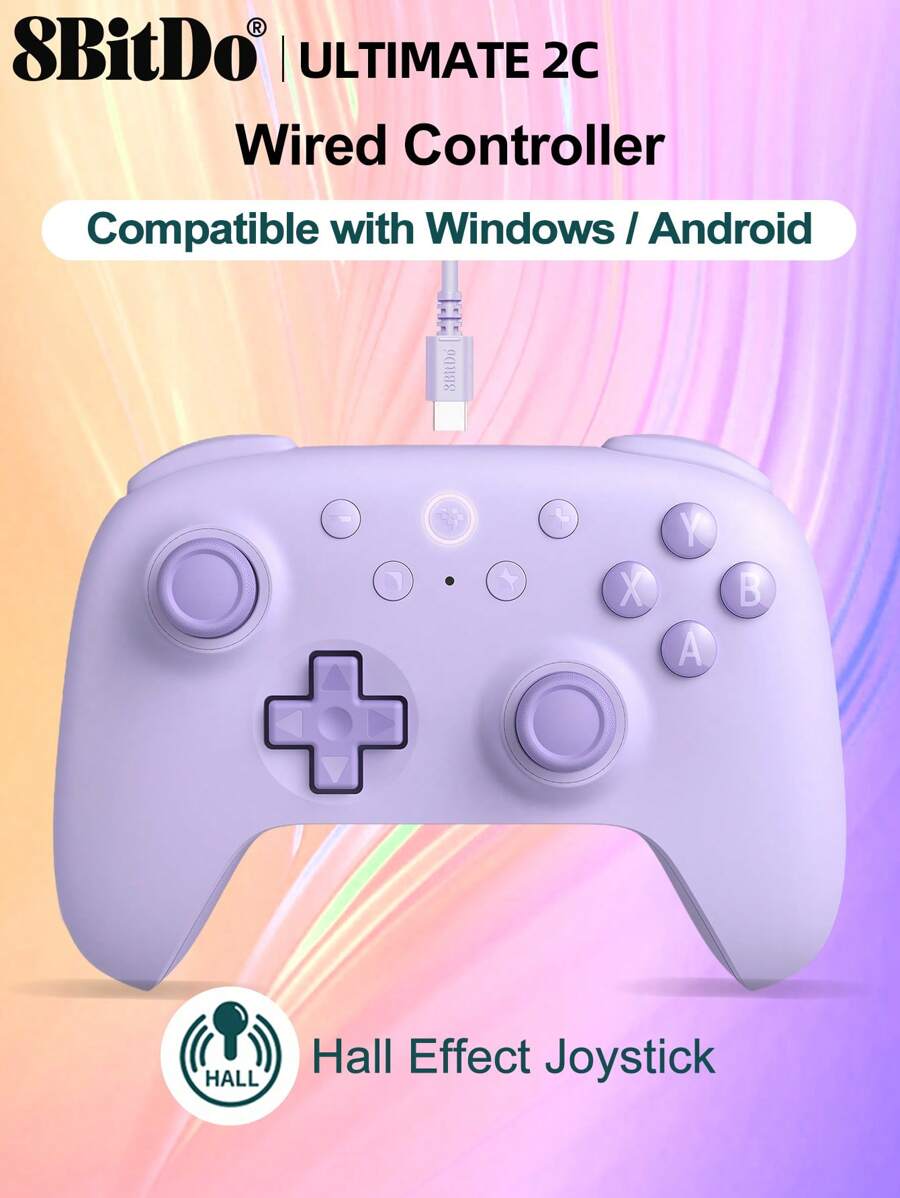 Controles inalámbricos 8Bitdo para PC, Android y teléfonos, Controlador con cable definitivo 2C para Windows con frecuencia de sondeo de 1000Hz, joysticks y gatillos de efecto Hall y parachoques L4/R4 remapeables, morado - Morado - Ver 1