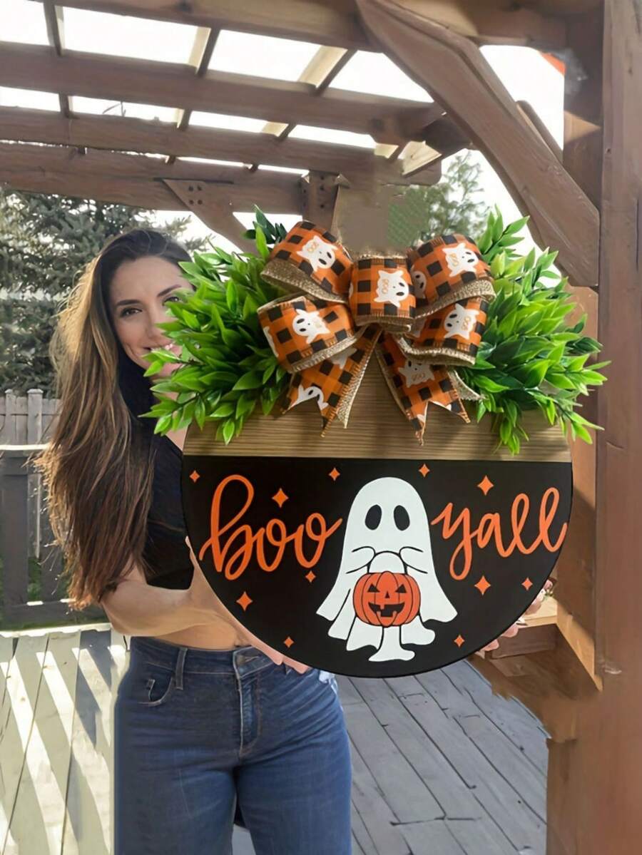 1 件 Boo Y'all 万圣节木门挂钩 - 壁挂式节日欢迎标志,带有鬼魂、南瓜和秋季丝带 - 完美的万圣节礼物和派对装饰、圣诞节 - 彩色 - 查看 1