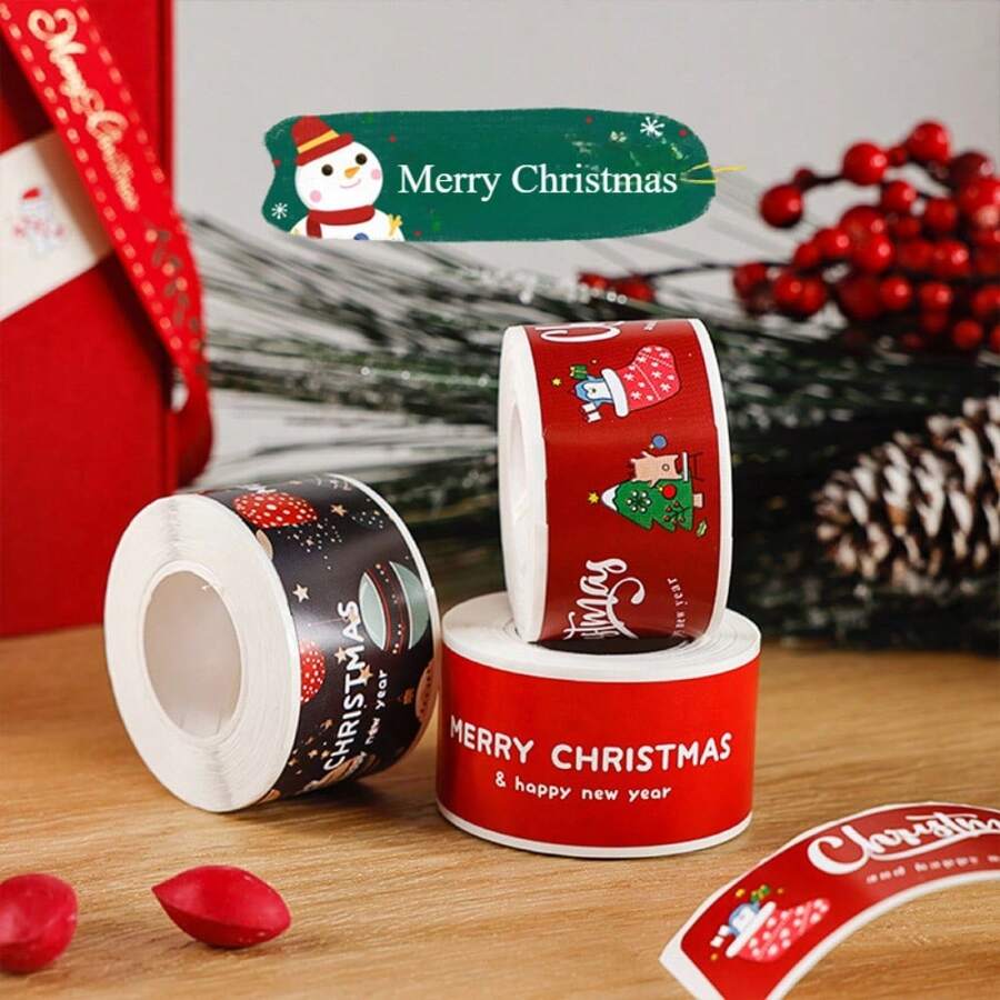 120 件彩色方形圣诞英文涂鸦防水贴纸/胶带，表扬奖励感谢标签贴纸，用于包装用品，圆形卷包装密封贴纸，剪贴簿邮票/贴纸，动漫海报，节日装饰，创意手工贴花，时尚爱心贴纸，适用于礼物手机笔记本电脑笔记本手表垫滑板冰箱 - 彩色 - 查看 1