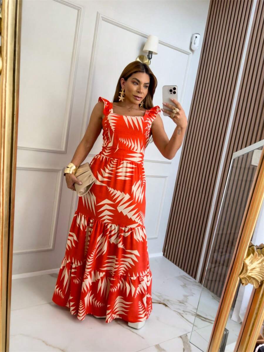Modern Printed Long Summer Dress - Orange - View 1