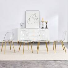 MUUOKY Dining Chairs Set Of 6 Armless Crystal Clear Dining Chairs Modern Plastic Kitchen Chairs,Accent Ghost Chairs With Golden Metal Legs For Kitchen,Dining Room,Living Room,Transparent - 金色 - 查看 2