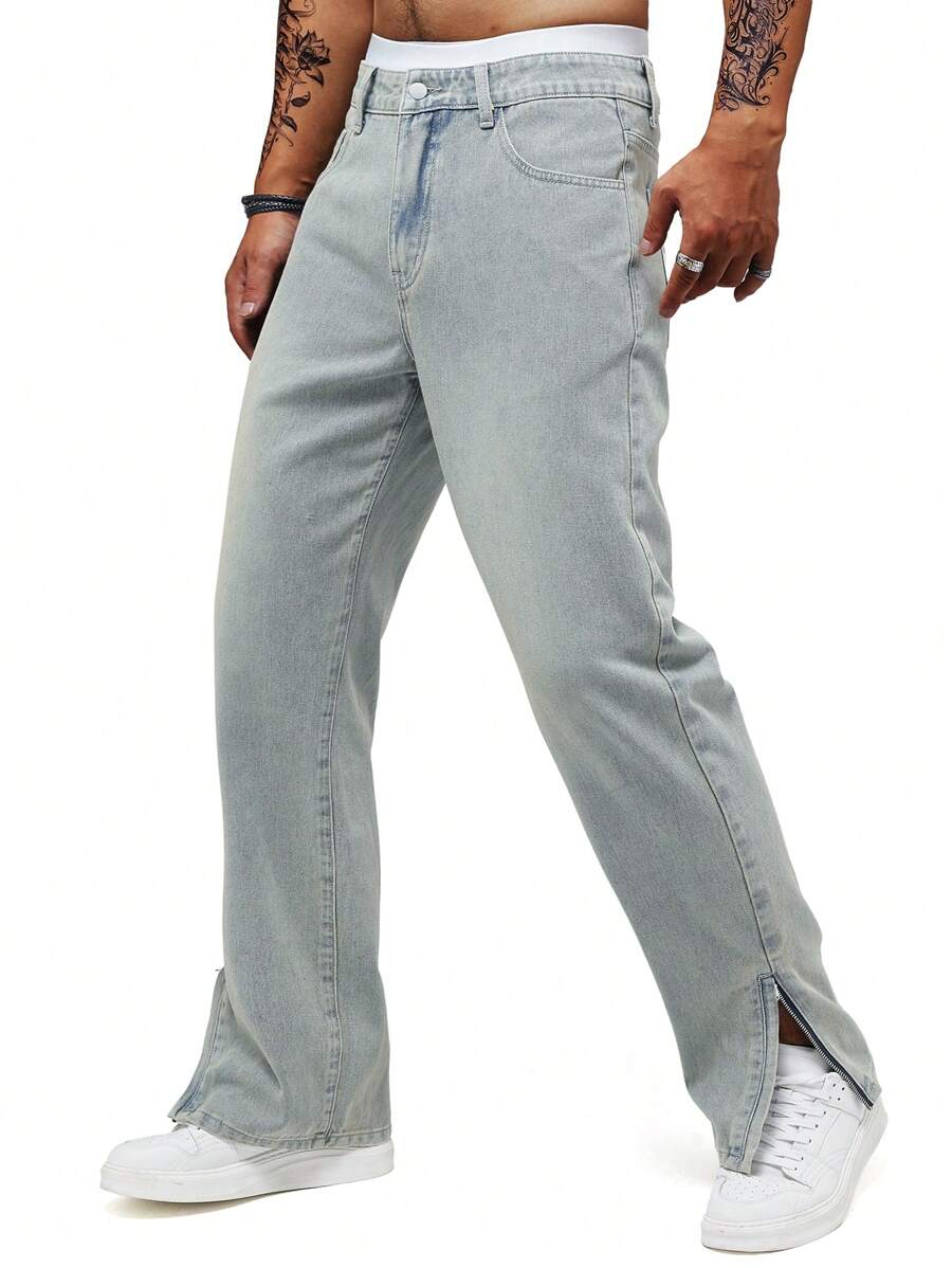 Men's Y2K Retro Casual Slit Light Blue Loose Straight Leg Jeans