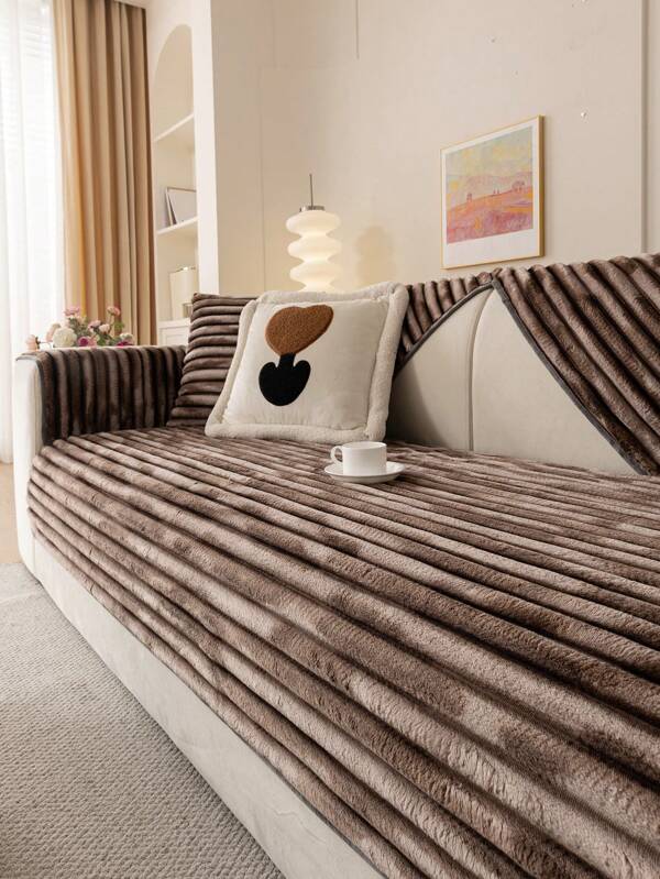 1pc Ombre Striped Plush Sofa Cushion Cover, All Season, Pet-Friendly, Modern Simple Design, Non-Slip