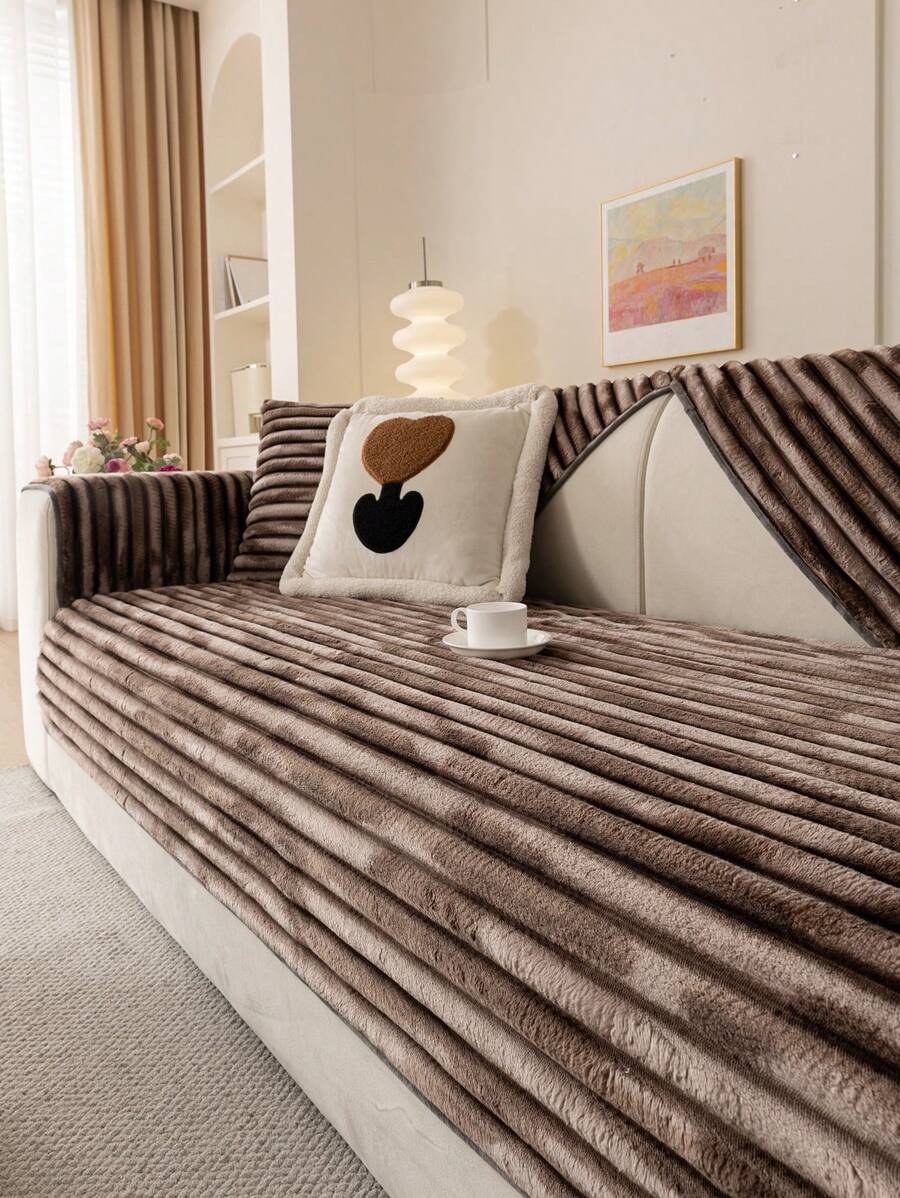 1pc Ombre Striped Plush Sofa Cushion Cover, All Season, Pet-Friendly, Modern Simple Design, Non-Slip