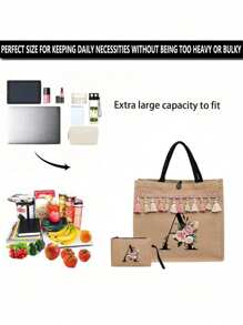 2 件/套简约花朵首字母 A-Z 印花亚麻手提包，粉色流苏，亚麻包，包括一个手提包和一个零钱包，简约旅行包，化妆品钱包，大容量旅行化妆包日常使用、约会、生日、度假、返回学校、度假、海滩、旅行、通勤、商务、学生、野餐、露营、超市、日常收纳，（小包手带方向随机），圣诞节最佳教师礼物 - 卡其色 - 查看 7