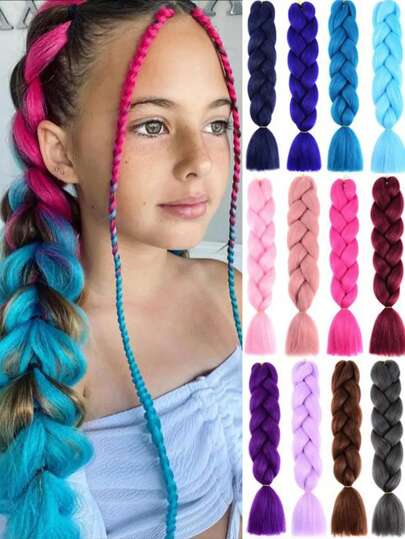 1 pieza Peluca sintética trenzada gigante de 24 pulgadas, disponible en negro, marrón, rosa, morado, azul, adecuada para mujeres y niñas, para trenzar manualmente, apta para uso diario, fiestas, festivales de música, Navidad, Halloween y otras ocasiones