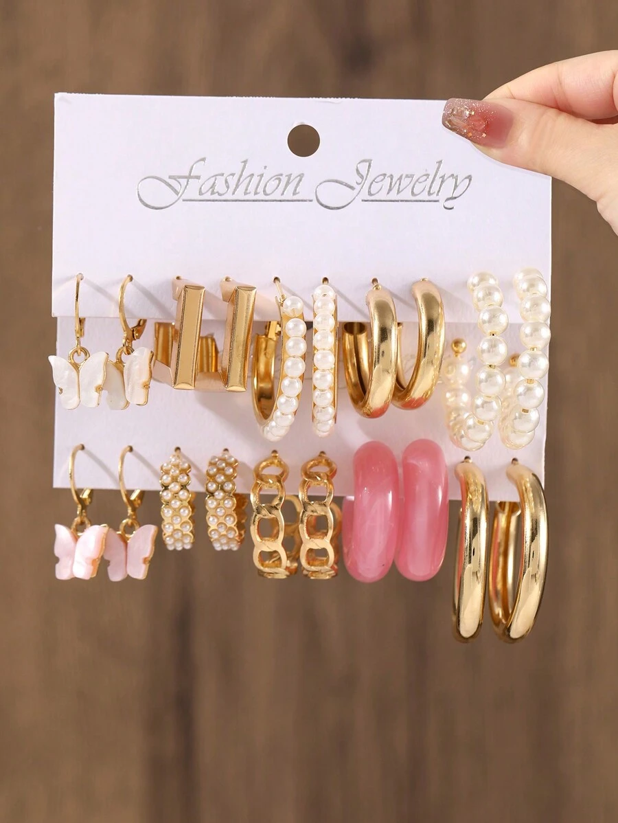 20pcs Fashion Faux Pearl Butterfly Design Women's Earrings Set, Simple Sweet Style Accessories, Suitable For Daily Wear Or As Holiday Gift - Gold - View 1