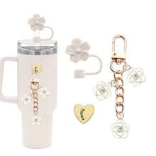 3 件/套杯子樱花配件套装包括 1 个适用于 40 盎司和 30 盎司杯子的吊坠饰物、1 个硅胶吸管盖、1 个用于悬挂杯链的心形粘合挂钩，可用于装饰、礼物，4 件/套包括 1 个吊坠饰物、1 个硅胶吸管盖、1 个爱心粘合挂钩、1 个吸管刷，母亲节礼物 - 彩色 - 查看 3