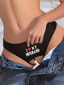 女士黑色性感开裆内裤印花丁字裤性感带珍珠装饰开裆内裤 - 黑色 - 查看 2