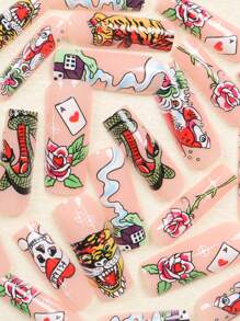 24片装长棺材钉美甲贴万圣节系列骷髅花扑克牌蛇纹按压式美甲套装（内含：一块果冻胶1根摩擦条）适合日常约会派对按压式美甲用品美甲 - 彩色 - 查看 3