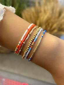 4pcs/Set Bohemian Style Handmade Rice Beads & Beaded Elastic Bracelet Set For Women's Holiday Party - Multicolor - View 6