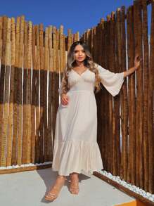 Vestido Feminino Midi Amarração Lança Perfume Manga 3/4 Elegante Fluido Lançamento Verão 2026 - Creme - Visão 3