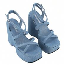Women's Denim Platform Sandals Strappy Open Toe Ankle Strap Wedge Heeled Sandals High Heels Comfort Casual Summer Beach Vacation Shoes - Màu xanh lam - Xem 6