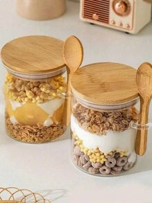 1 pezzo Barattolo in vetro rotondo ermetico da 300ml/350ml/450ml, barattoli per condimenti con coperchi in bambù e cucchiaio, contenitori per alimenti per zucchero, caffè, noci, barattoli da cucina in vetro per farina, biscotti, caramelle, tè matcha, noci e barattoli per spezie