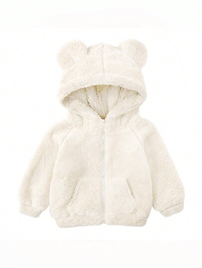 Baby Girl 1pc Casual Fuzzy Ear Decor Fleece Zip Up Jacket, Autumn Winter