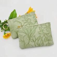 1 pieza Cartera pequeña de mujer con cremallera, estampado floral aleatorio, bolso de mano con tarjetero, billetera mini con correa y monedero para teléfono celular - Verde - Ver 3