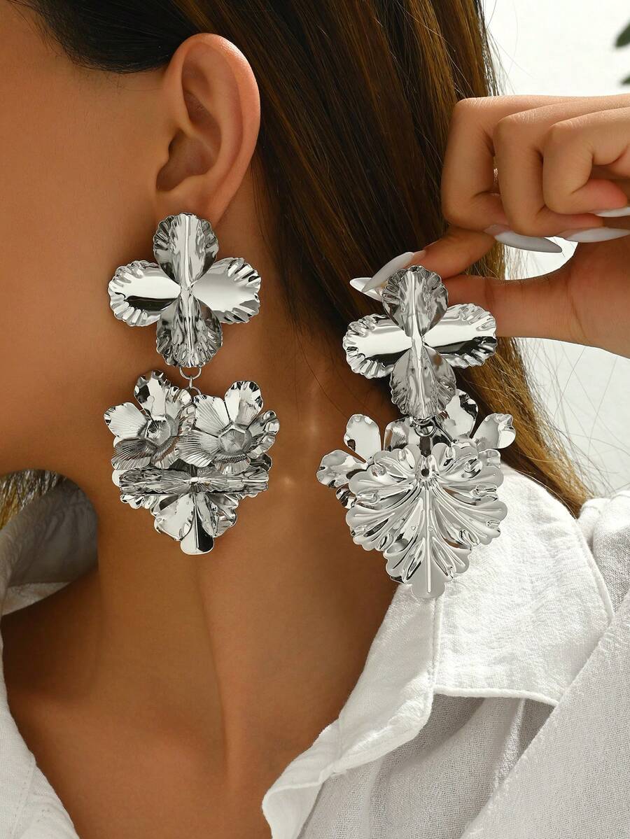1 对女士花朵花卉吊坠耳环防过敏可爱花朵耳环耳钉夏威夷花朵耳坠 - 銀色 - 查看 1