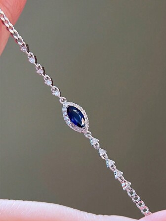 1pc Vintage Elegant S925 Sterling Silver Blue Zirconia Horse Eye Birthstone Bracelet, Suitable For Women Daily Wear, Holiday & Party Gift