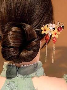 复古花朵流苏发簪，中式木质发簪，适合女性户外、旅行、摄影、度假、圣诞节、节日礼物、头部饰品、女士发饰 - 彩色 - 查看 3