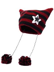 1pc Punk Gothic Y2K Cute Black White Beanie Hats Striped Cat Ears Wool Hat Women Autumn Winter Warm Little Devil Knitted Crochet Beanie Hat Christmas - Multicolor - View 6