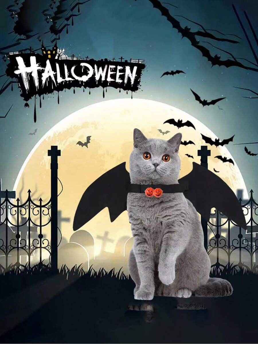 1 件万圣节猫蝙蝠服装、南瓜铃宠物狗蝙蝠翼装、有趣的万圣节蝙蝠胸部设计配件 - 黑色 - 查看 1