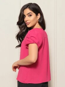 Women's Short Sleeve Blouse With Ribbed And Braided Sleeves - Màu Hồng Tươi - Xem 2