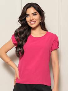Women's Short Sleeve Blouse With Ribbed And Braided Sleeves - Màu Hồng Tươi - Xem 1
