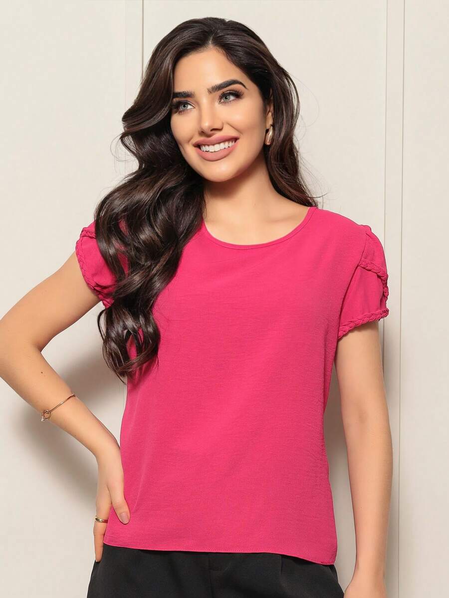 Women's Short Sleeve Blouse With Ribbed And Braided Sleeves - Màu Hồng Tươi - Xem 1