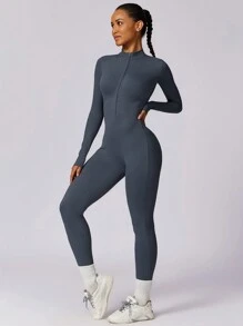 MASKERT Women's Long Sleeved Tight Fitting Jumpsuit Pants With High Elasticity, Sports Yoga Pants, Slim Fit, Comfortable And Skin Friendly - Navy Blue - View 5