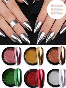 6 件装 Y2K 闪亮指甲粉，金属色指甲凝胶抛光镀铬薄片美甲闪光粉装饰 - 彩色 - 查看 1